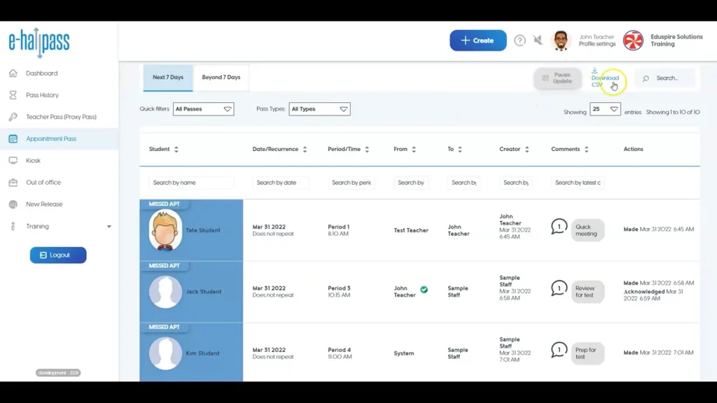 download csv from the interface